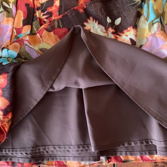 Kay Unger Women's Floral Brown Silk Wool Blend 2 Pleated Midi A-Line Dress GUC - Picture 10 of 16